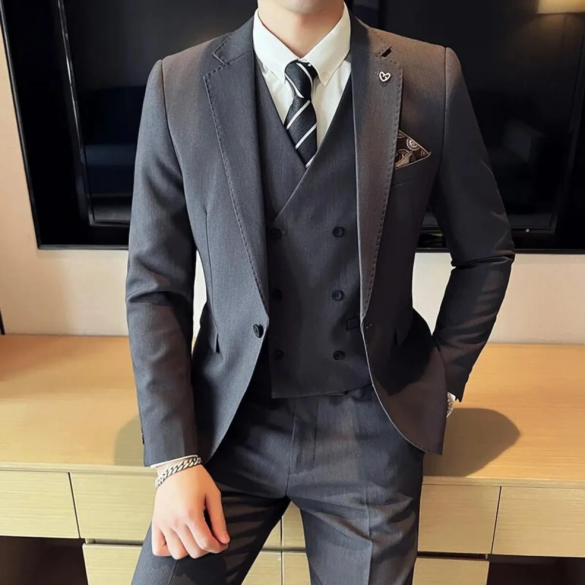 2023 moda uomo nuovo business tinta unita abito slim / slim fit gilet doppiopetto abito blazer giacca cappotto gilet