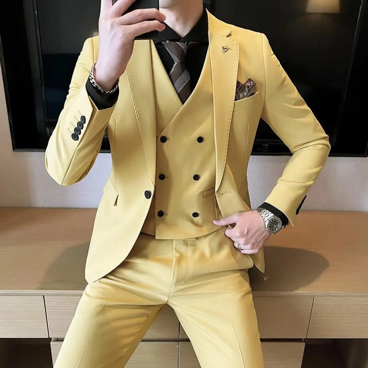 2023 moda uomo nuovo business tinta unita abito slim / slim fit gilet doppiopetto abito blazer giacca cappotto gilet