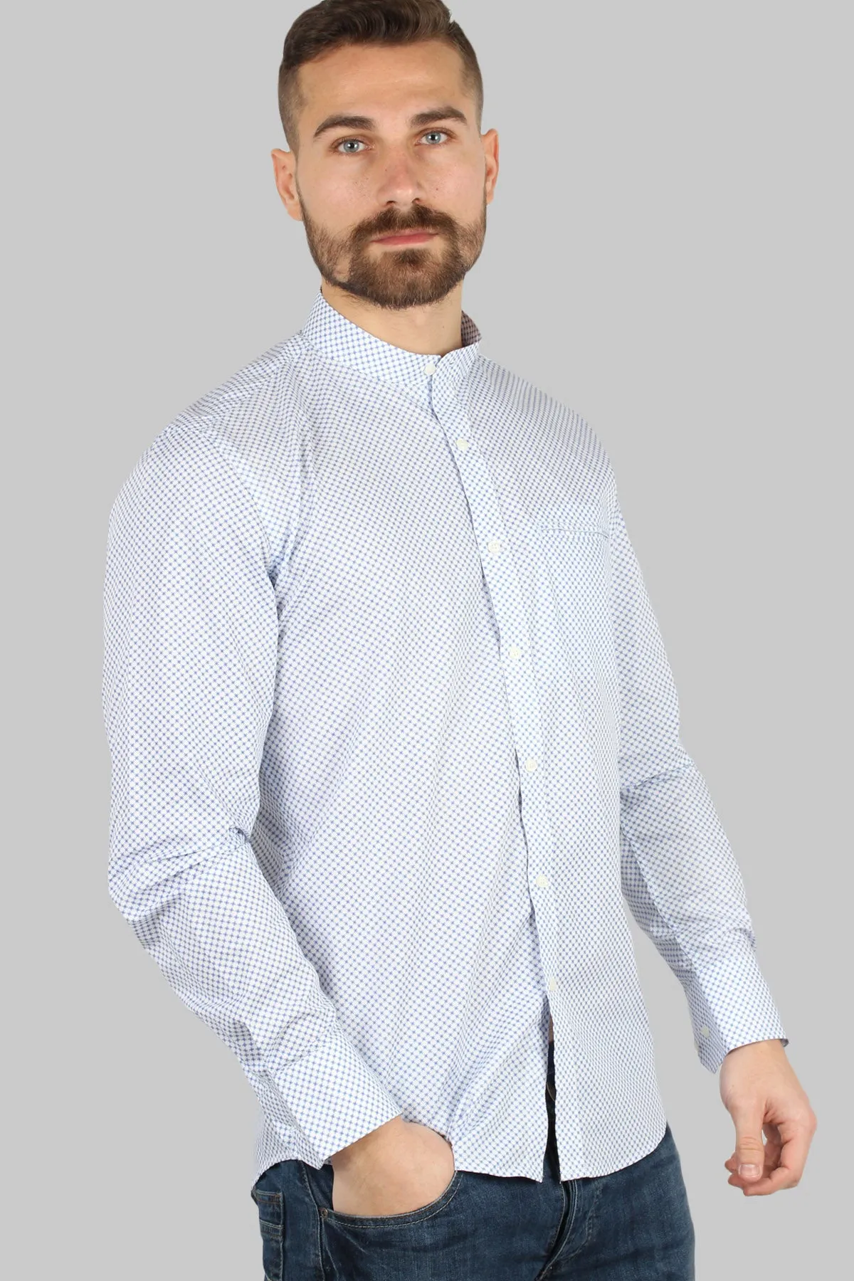Camicia coreana uomo con microfantasia a contrasto