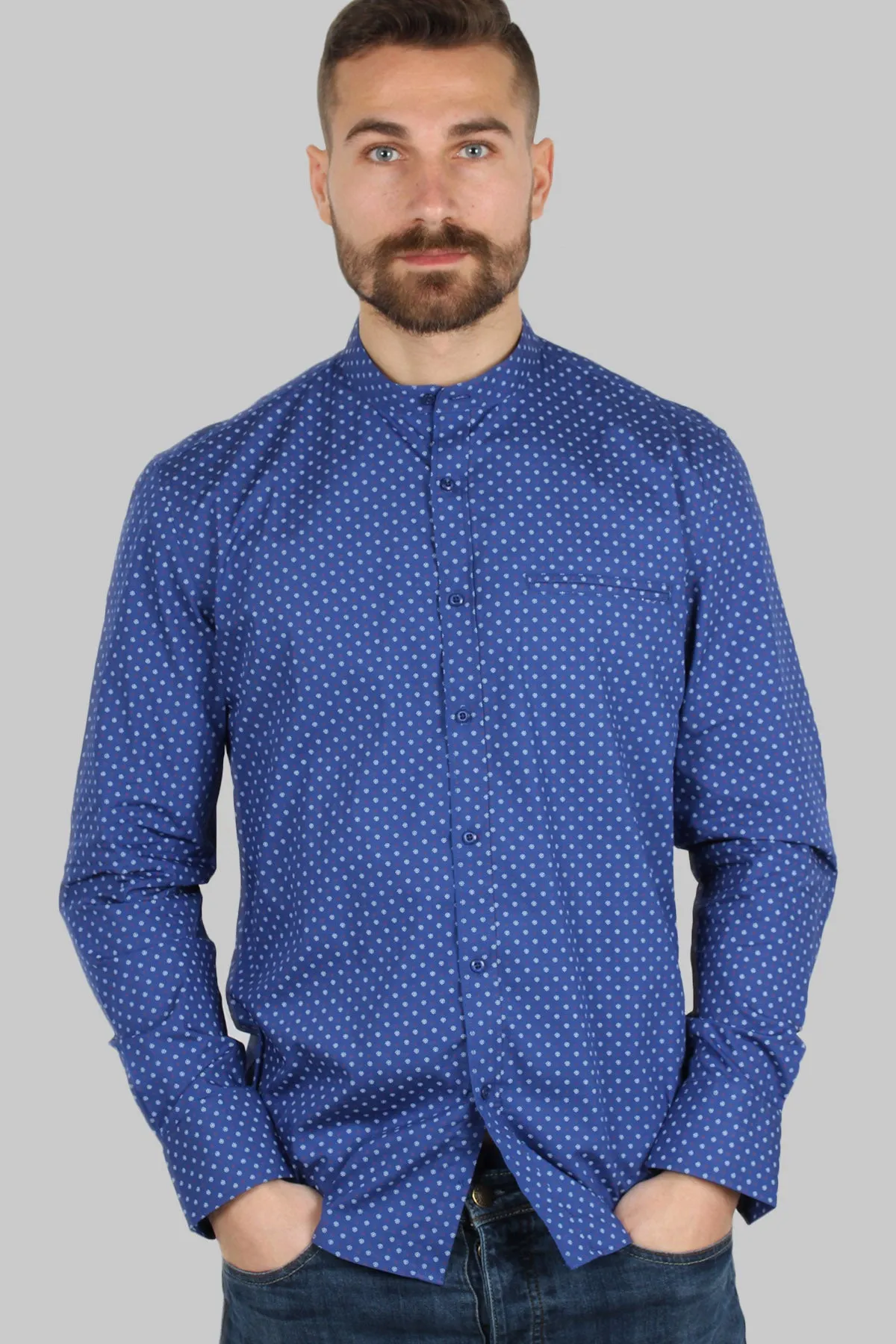 Camicia coreana uomo con microfantasia a contrasto