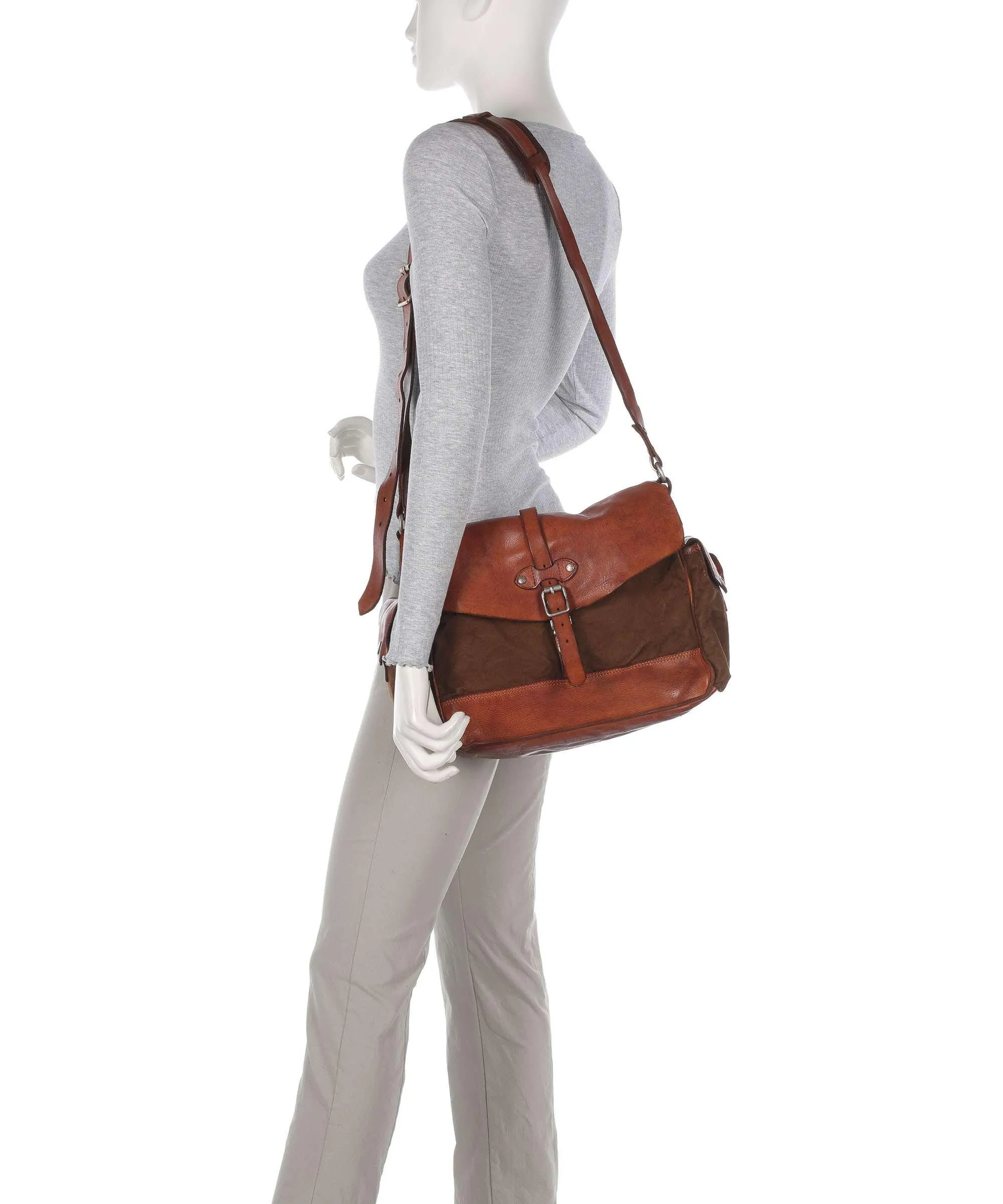  Campomaggi Borsa a spalla pelle di vacchetta grana, cotone cognac  