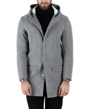 Cappotto Monopetto Uomo Giacca Giaccone Con Cappuccio Grigio Chiaro Baronetto Elegante GIOSAL-CO1007A