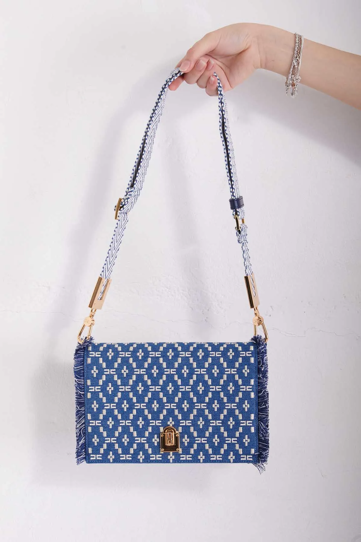 Elisabetta Franchi Shoulder bag in denim sfrangiato
