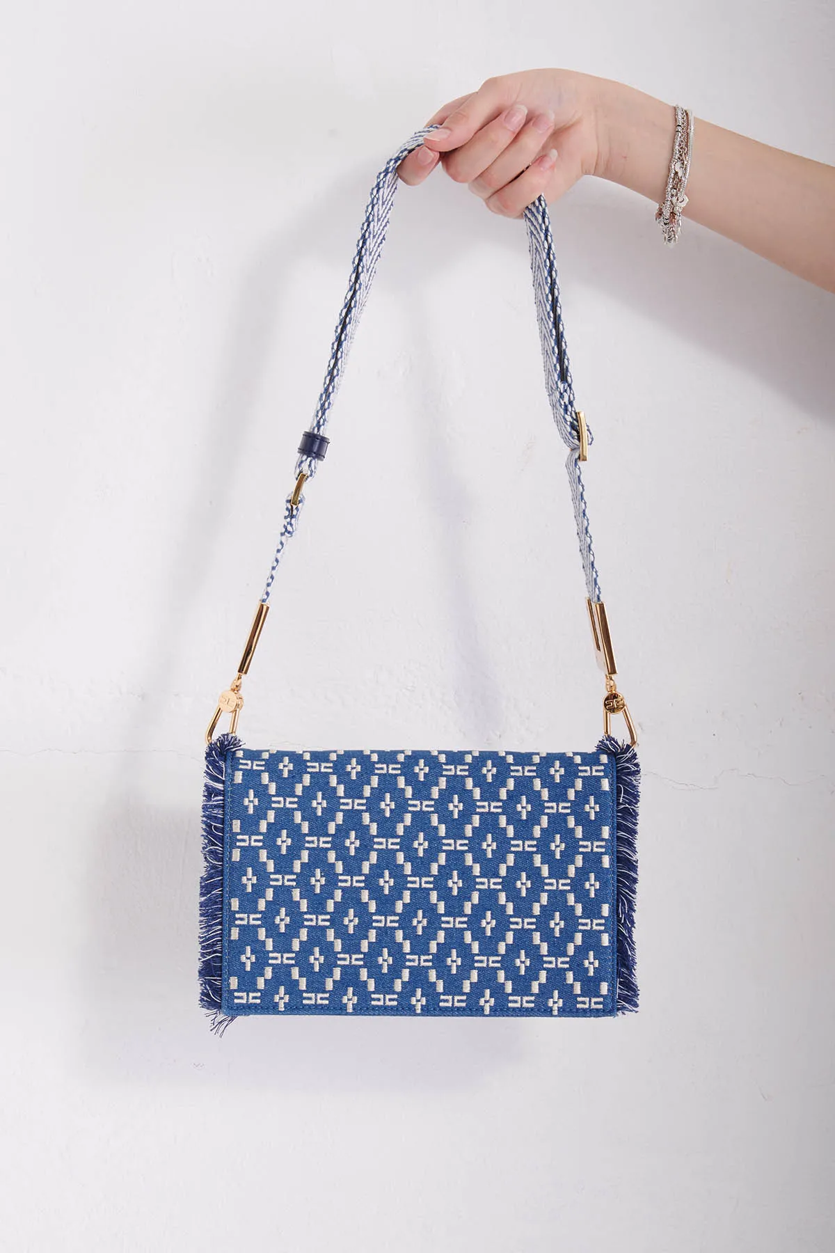 Elisabetta Franchi Shoulder bag in denim sfrangiato