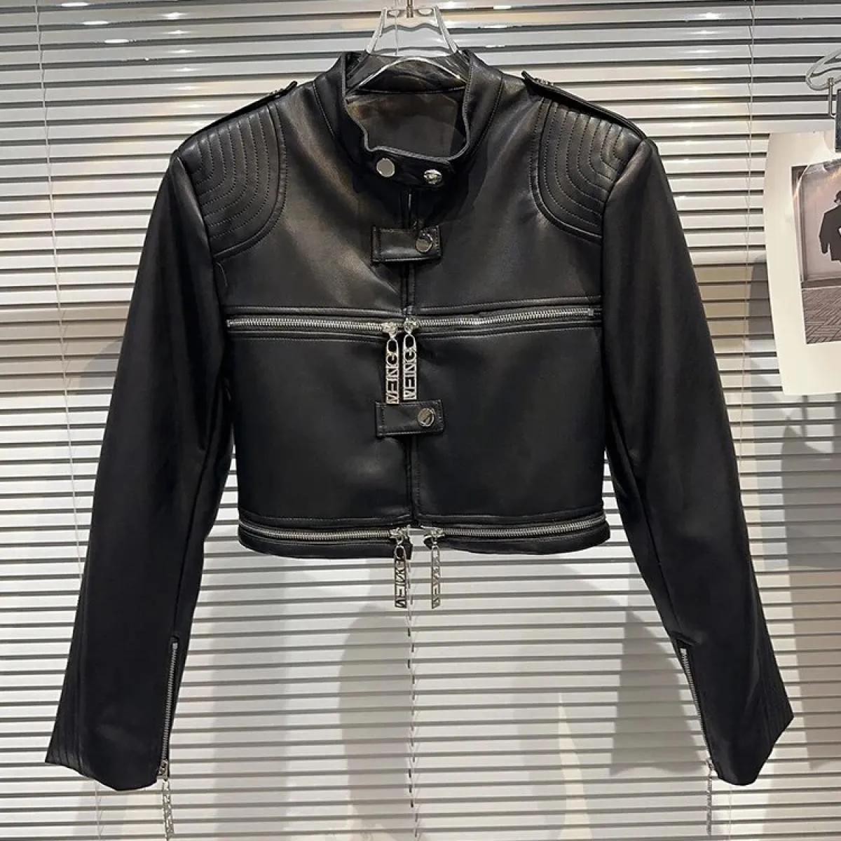 High Street più recente 2023 Autunno Inverno Designer Fashion Women' Zipper Standing Beck Giacca in pelle da motociclista