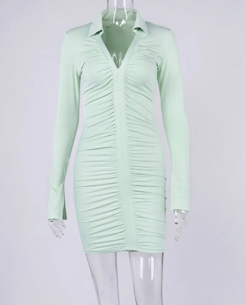 Hirigin Abito aderente con scollo a V profondo da donna manica lunga plissettata skinny S