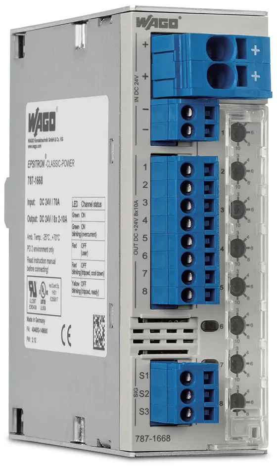 Interruttore di sicurezza elettronico WAGO, 10A, 24V, 8 canali, Guida DIN, 787