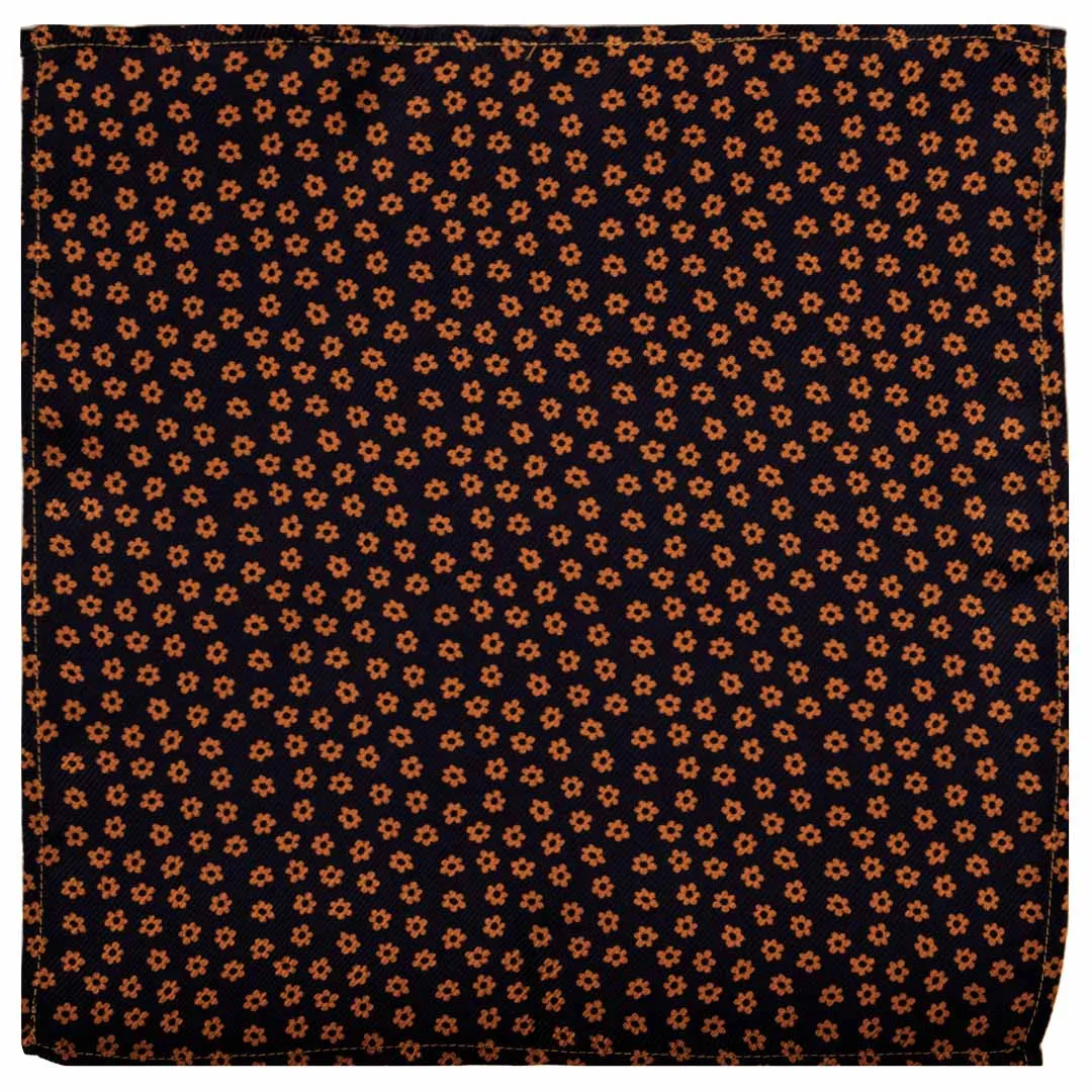 Man Blue Navy Silk Pocket Square Orange Flowers POC553