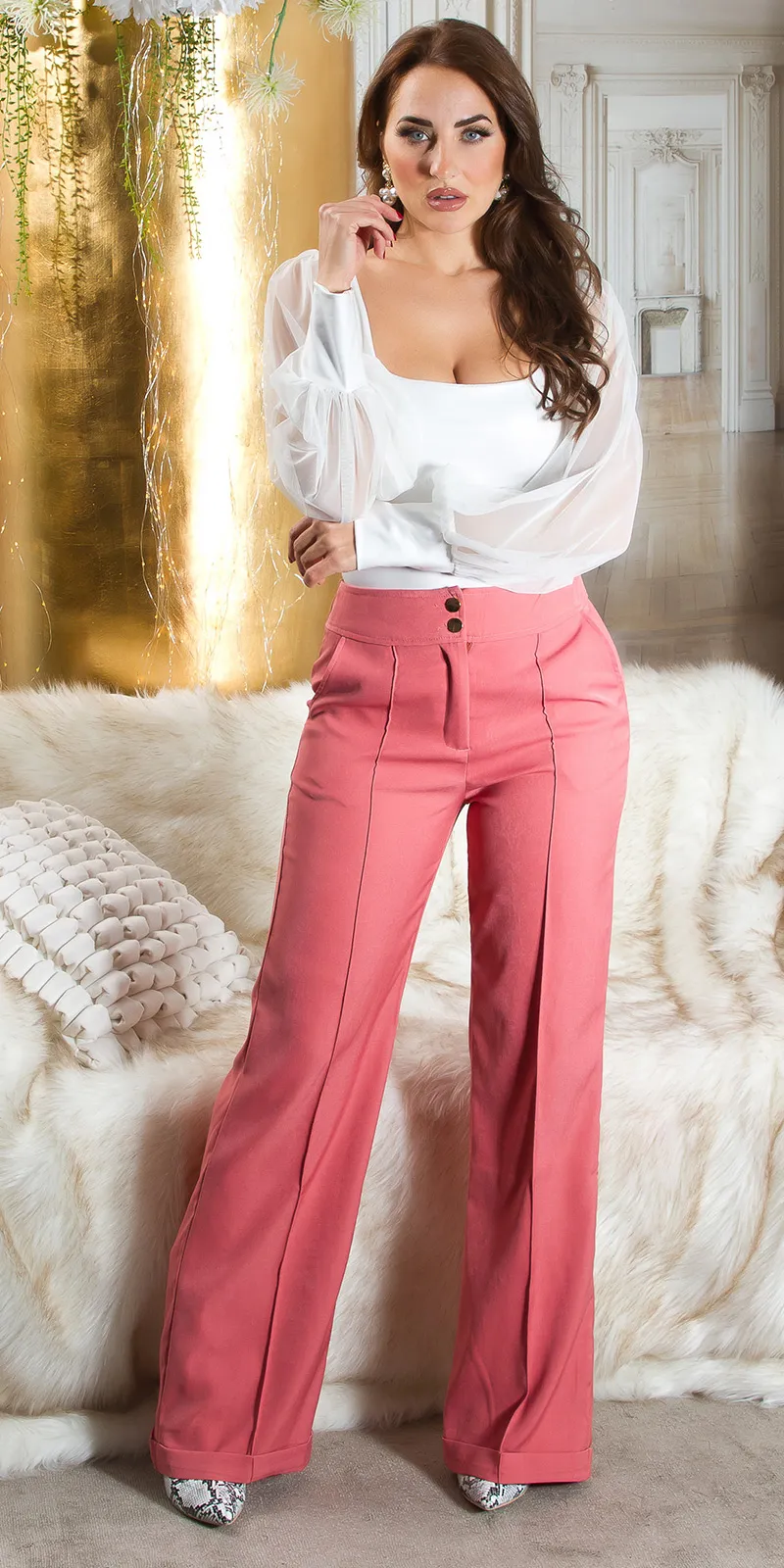 Pantalone larghi a vita alta LE206  salmone