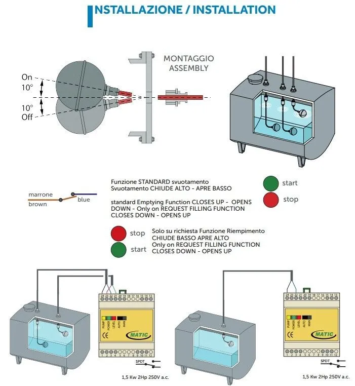 Regolatore di Livello per Acqua Fino a 100°C 20mt di Cavo in Silicone Senza Passacavo e Contrappeso MATIC/V/MC Matic AFA20S00