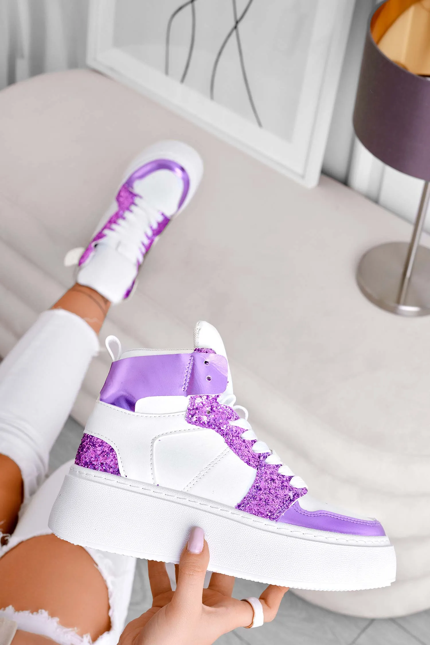 ROSINA - Sneakers bianche con inserti glitter viola
