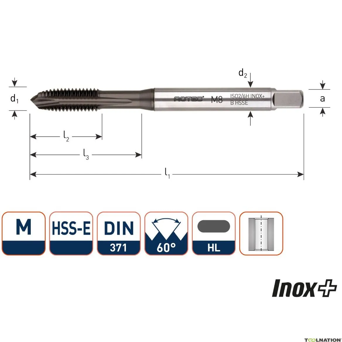 Rotec 331.1000H HSS-E INOX+ rubinetto per macchina DL DIN 371B M10x1,5 HL