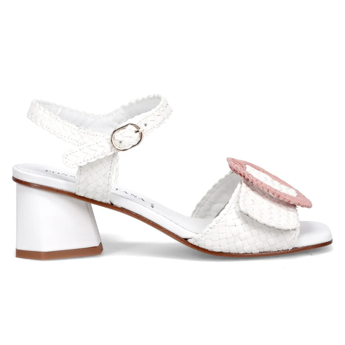 Sandalo Bayona Pons Quintana Bayona bianco e rosa in pelle intrecciata