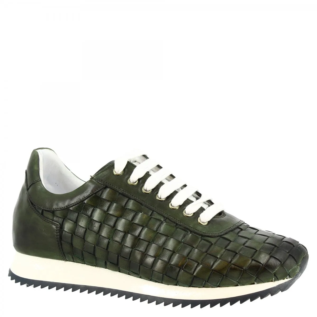 Sneakers casual da uomo fatte a mano in pelle intrecciata verde