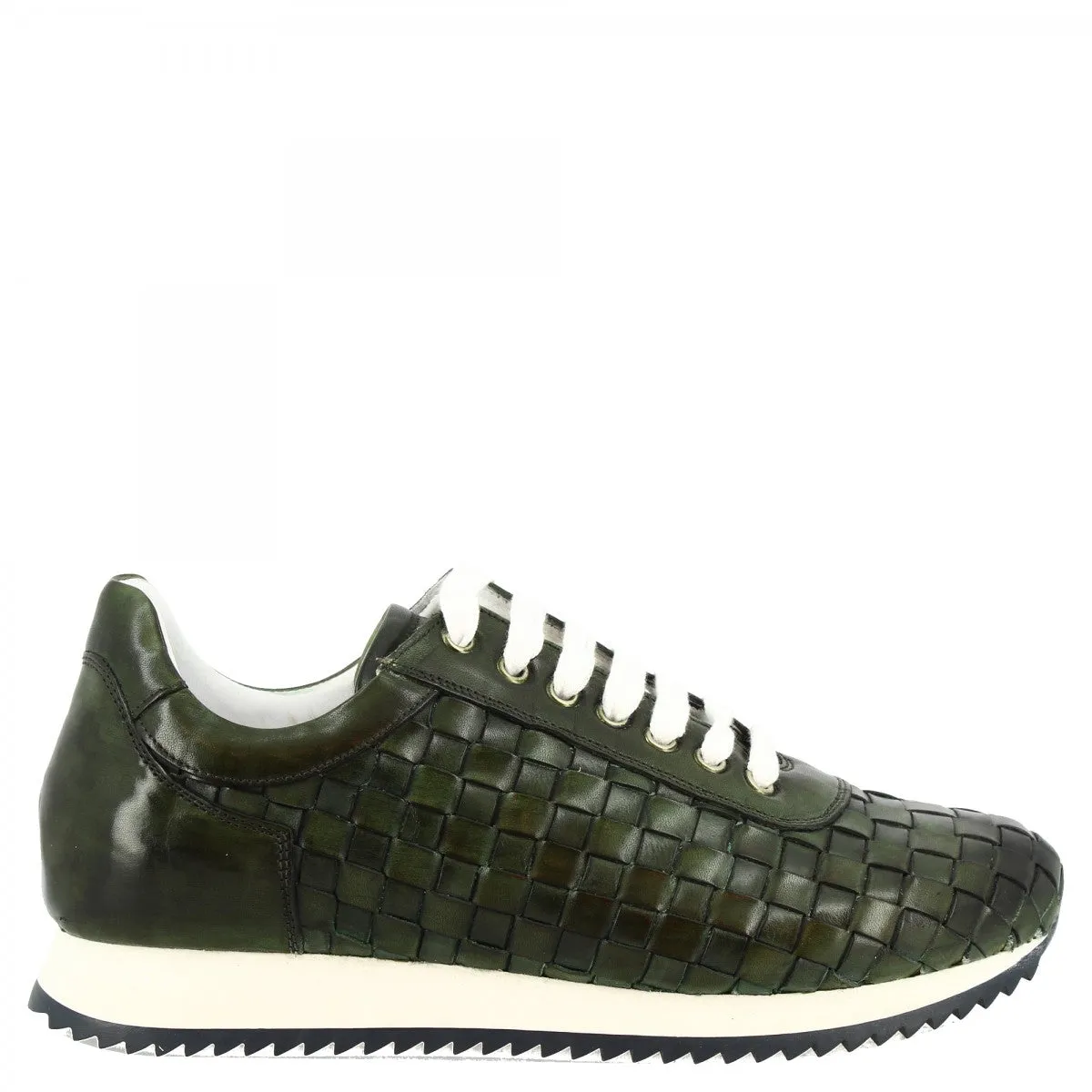 Sneakers casual da uomo fatte a mano in pelle intrecciata verde