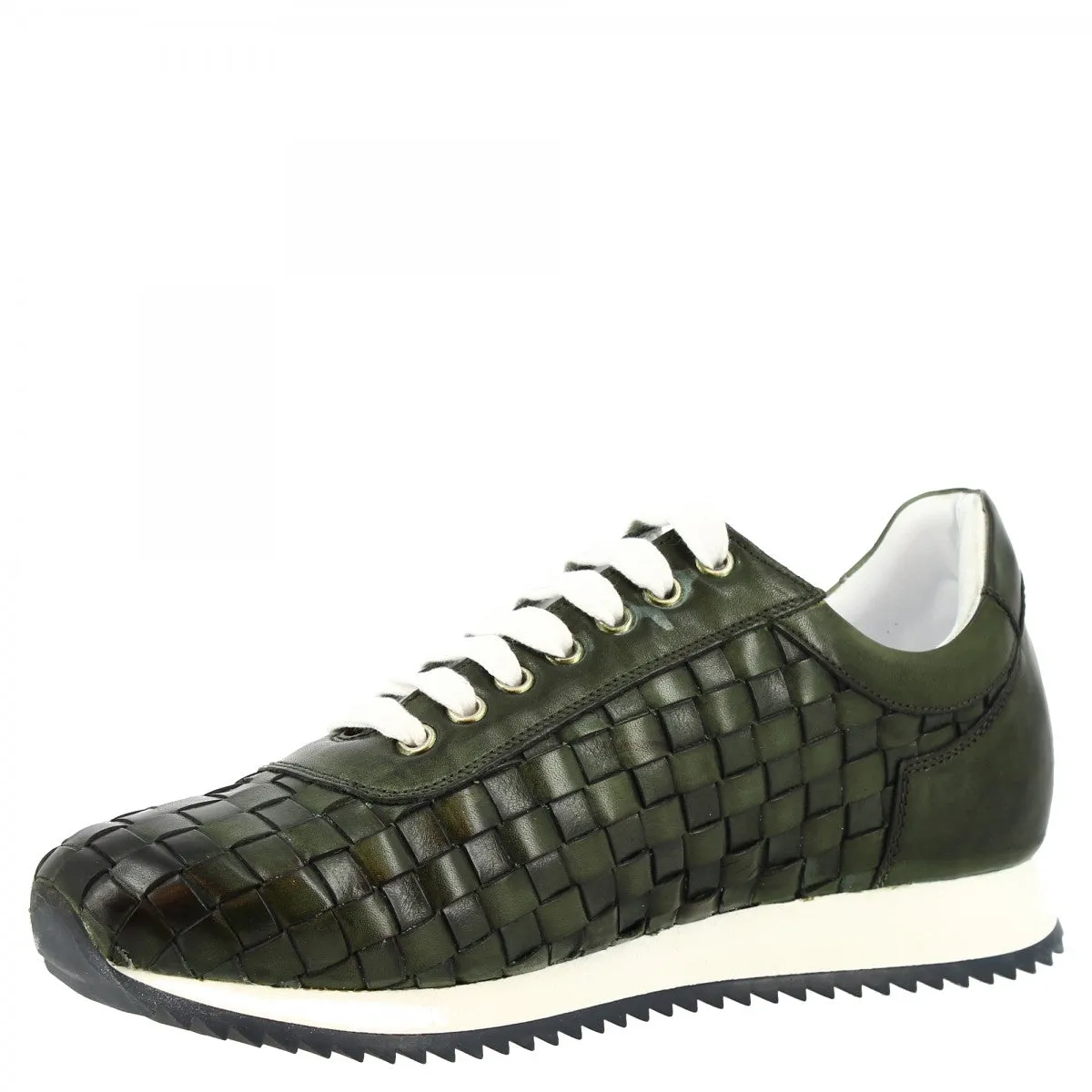 Sneakers casual da uomo fatte a mano in pelle intrecciata verde