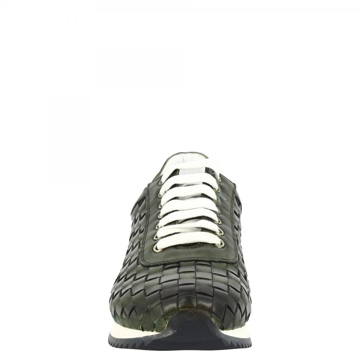 Sneakers casual da uomo fatte a mano in pelle intrecciata verde