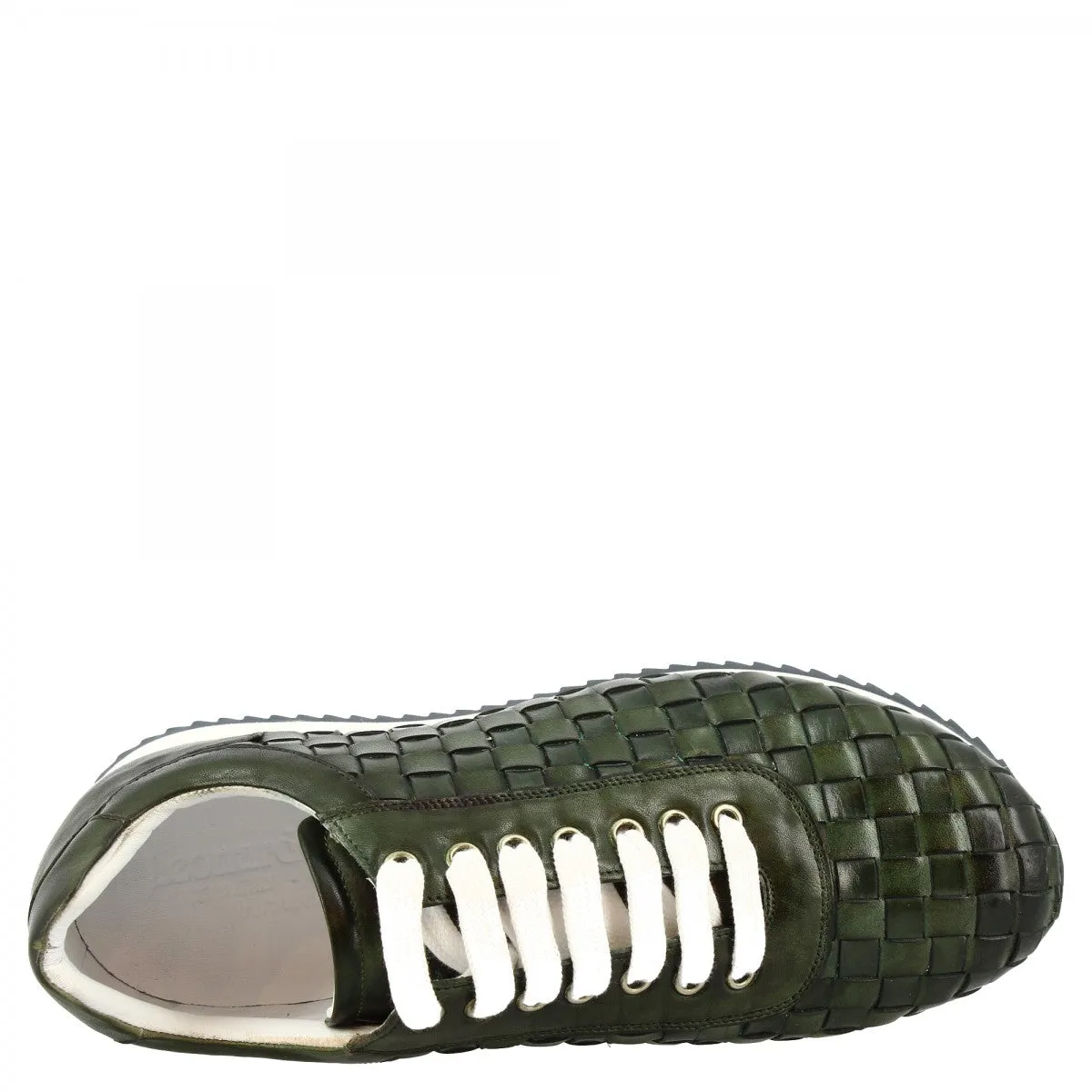 Sneakers casual da uomo fatte a mano in pelle intrecciata verde