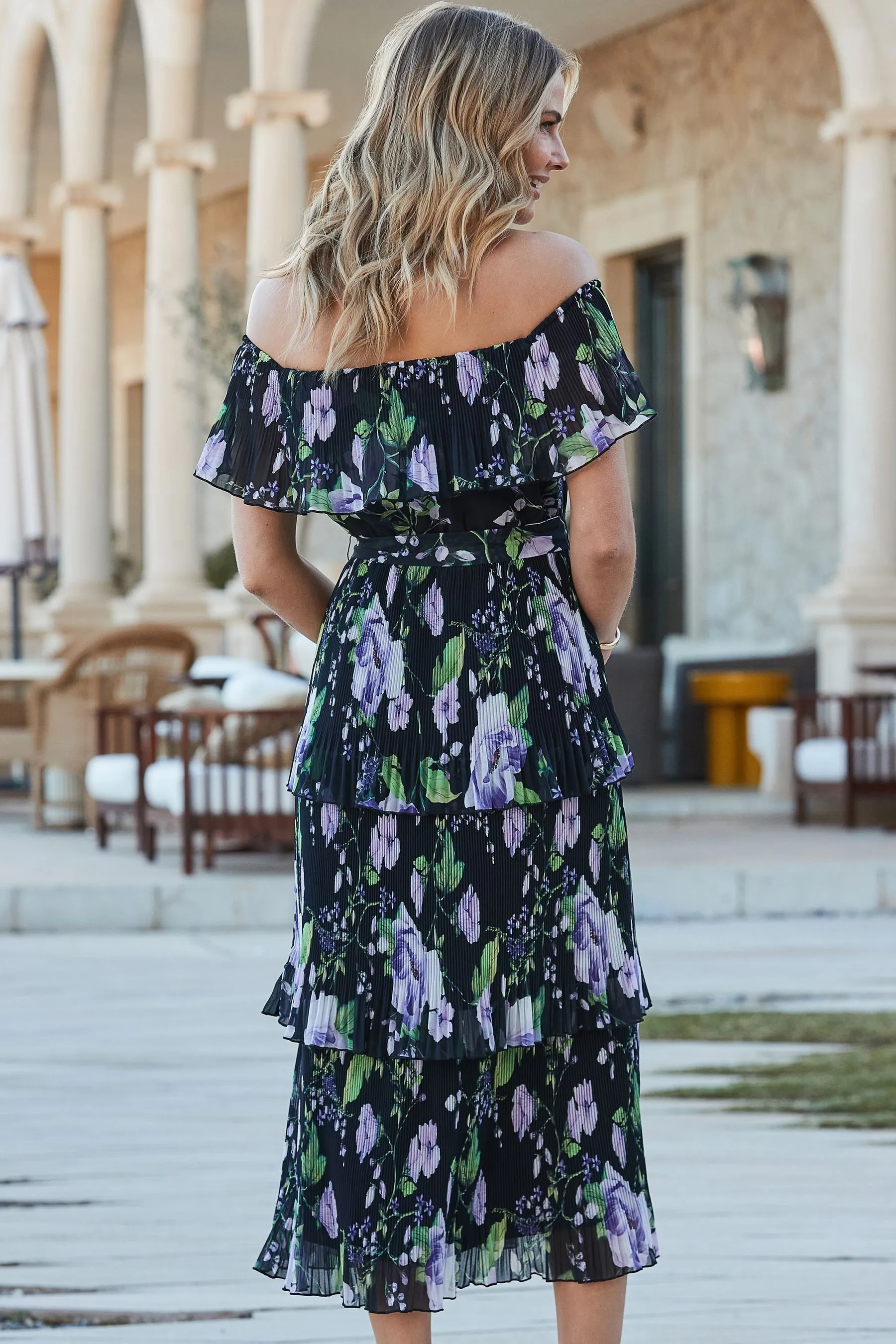 Sosandar Floreale Stampa - Abito midi con scollo alla Bardot e fondo a balze