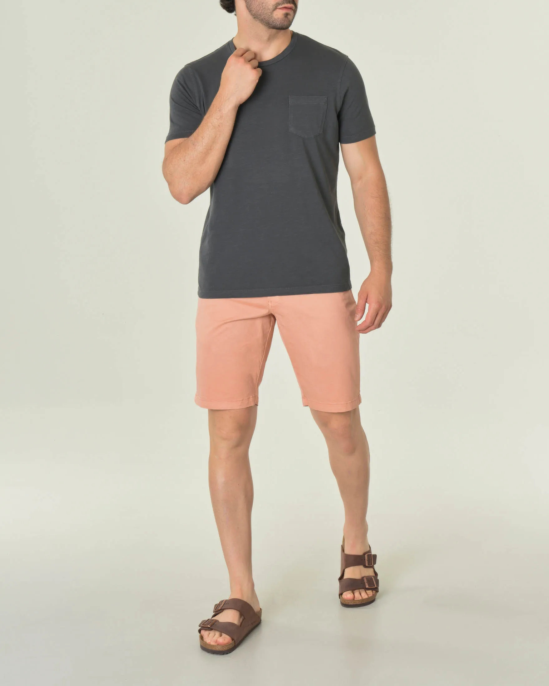 T-shirt antracite mezza manica in cotone fiammato con taschino applicato sul petto