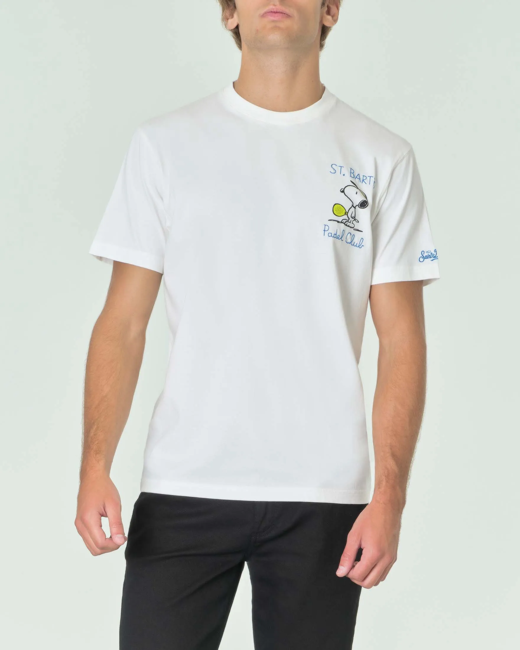 T-shirt bianca mezza manica con ricamo Snoopy Padel Club sul petto