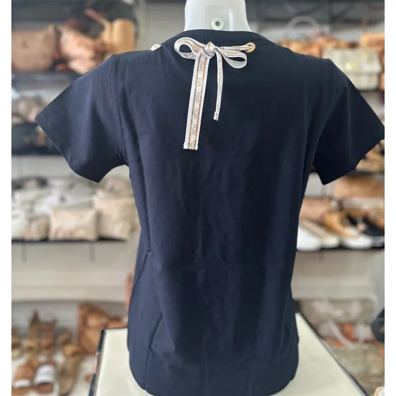T-shirt con fiocco logato in jersey di cotone stretch Dark Blu