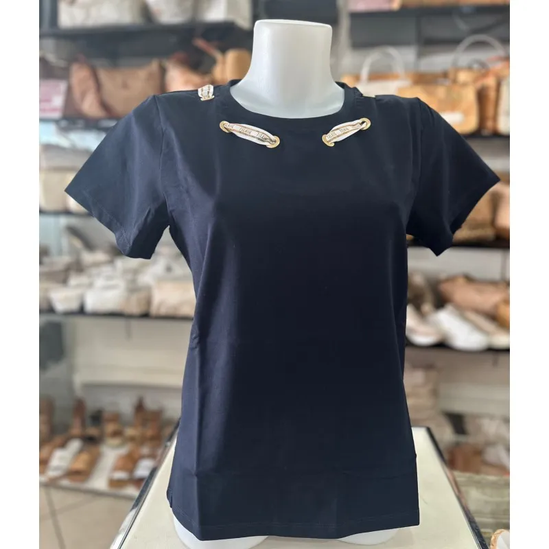 T-shirt con fiocco logato in jersey di cotone stretch Dark Blu