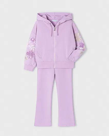 Tuta lilla in cotone stretch con cappuccio e ricami floreali 3-7 anni