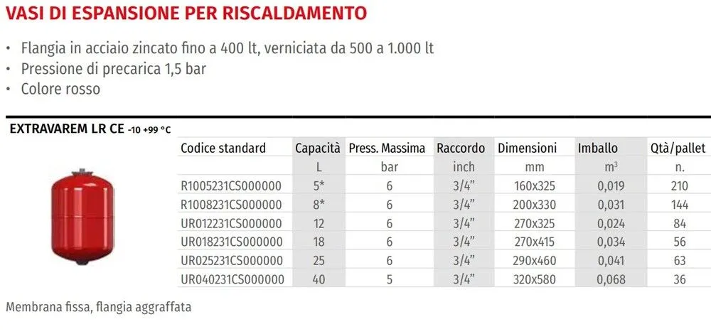 Vaso Espansione per Riscaldamento 8 Litri 3/4" Pressione Massima 6 Bar EXTRAVAREM LR CE Varem R1008231CS000000