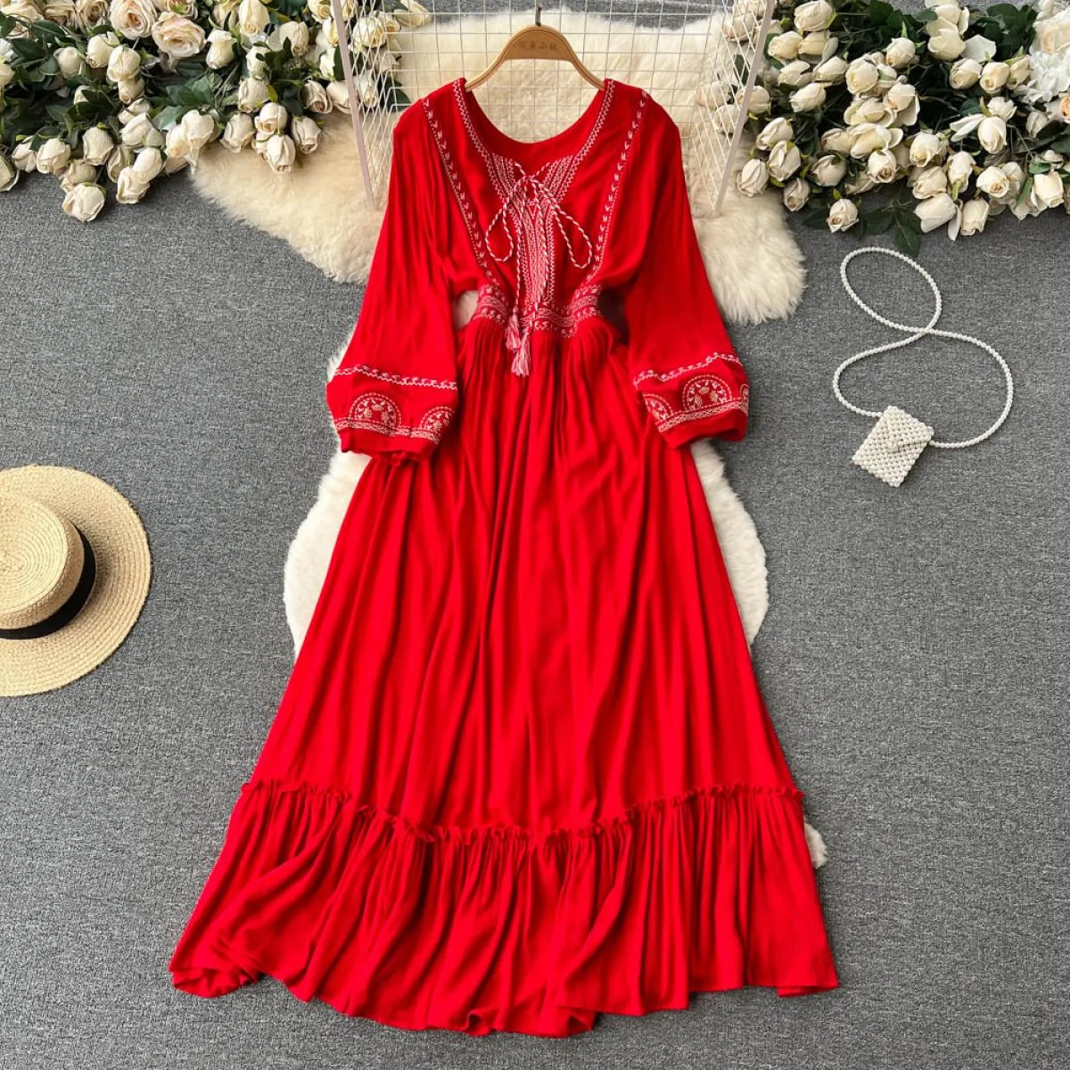 Vestito estivo da Boho per le donne Maxi ricamo rosso Indie Folk Party Big Swing Abiti in chiffon 2023 New Fanshion Beach Vaca