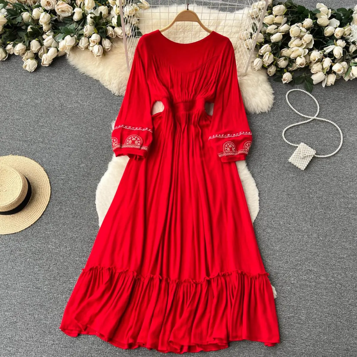 Vestito estivo da Boho per le donne Maxi ricamo rosso Indie Folk Party Big Swing Abiti in chiffon 2023 New Fanshion Beach Vaca