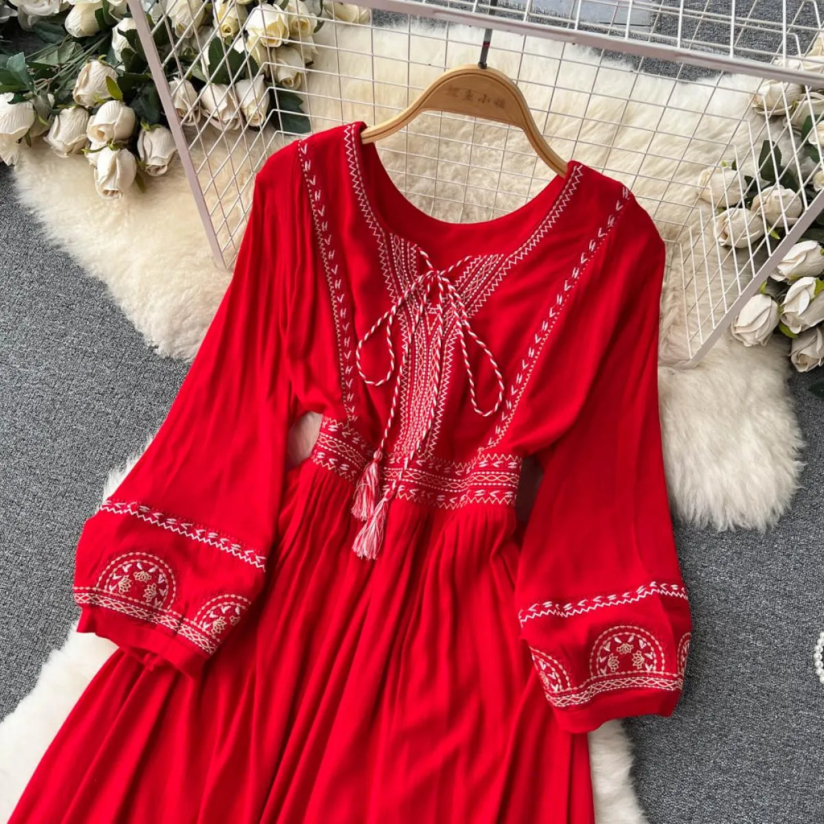 Vestito estivo da Boho per le donne Maxi ricamo rosso Indie Folk Party Big Swing Abiti in chiffon 2023 New Fanshion Beach Vaca