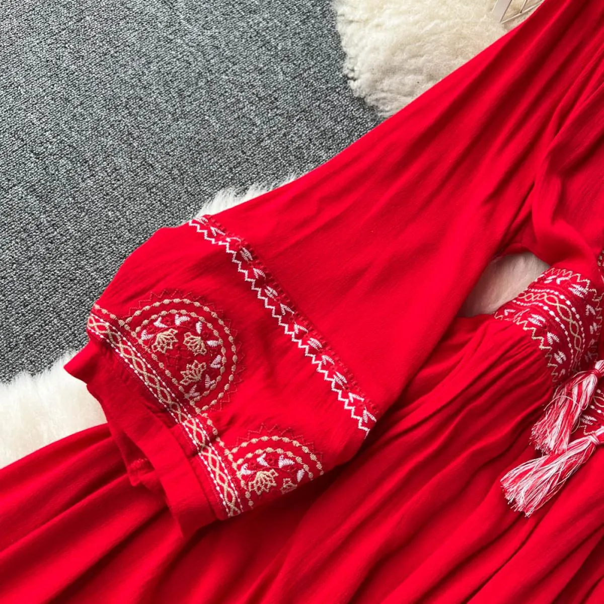 Vestito estivo da Boho per le donne Maxi ricamo rosso Indie Folk Party Big Swing Abiti in chiffon 2023 New Fanshion Beach Vaca