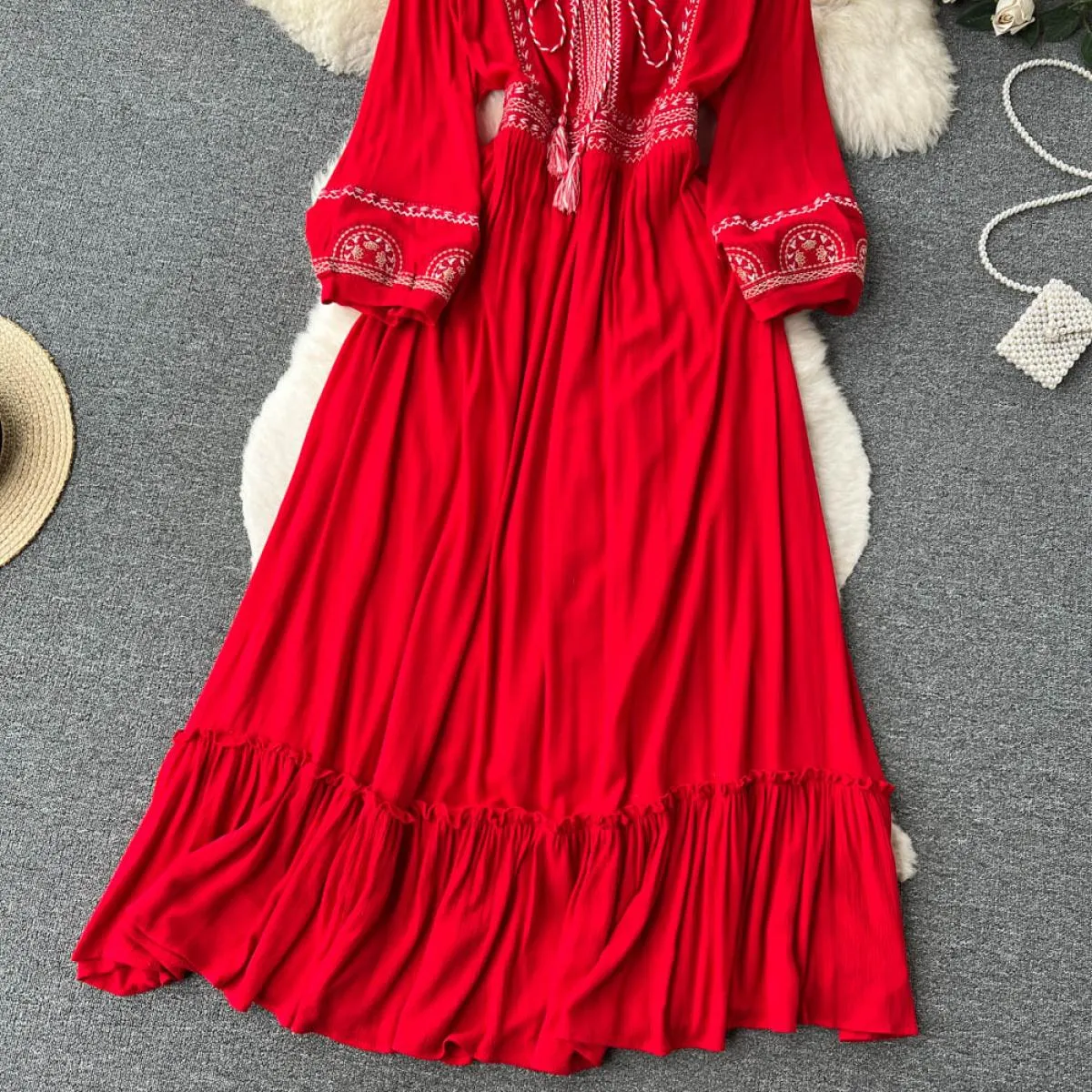 Vestito estivo da Boho per le donne Maxi ricamo rosso Indie Folk Party Big Swing Abiti in chiffon 2023 New Fanshion Beach Vaca